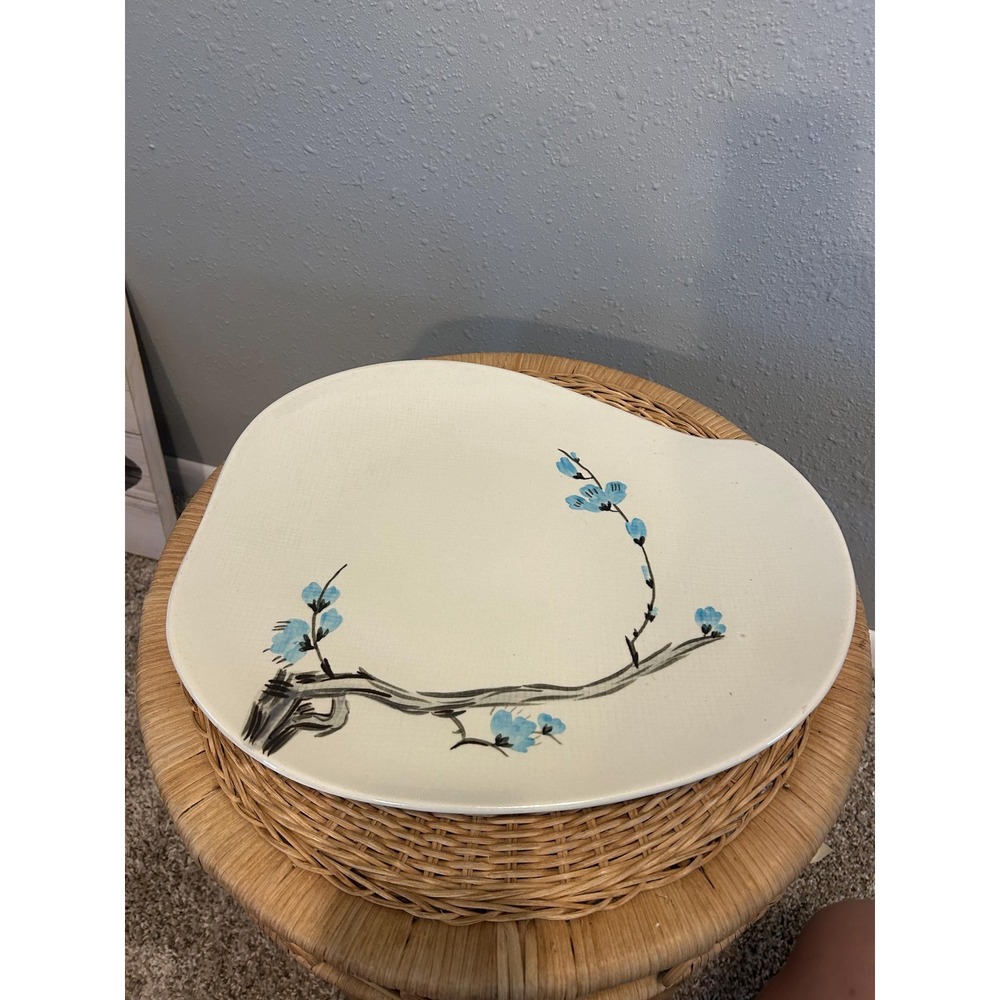 MCM Hand Painted Red Wing Pottery DRIFTWOOD Blue Flowers Oval Serving‎ Platter